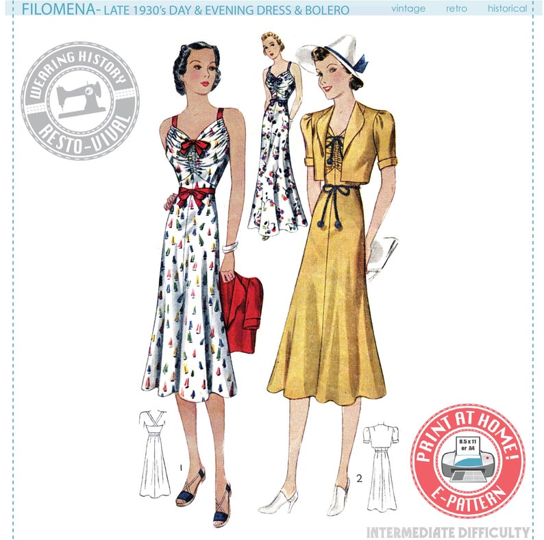 1930s House Dresses, Fabrics, Sewing Patterns     E-PATTERN- Filomena- Circa 1938 Day and Evening Dress and Bolero- Wearing History 1930s 30s PDF Pattern Download  AT vintagedancer.com