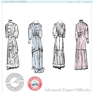 E-Pattern- Circa 1910 "Eliza" Dress- 1900 1910s- Bust 36" Waist 26" - Edwardian Wearing History PDF Vintage Historical Sewing Pattern