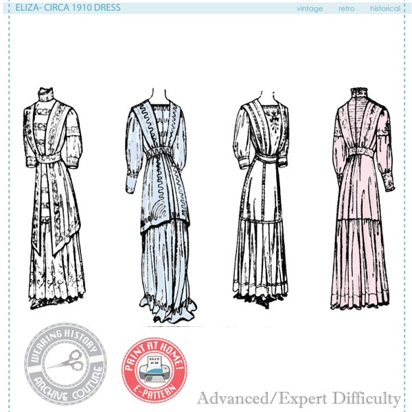 E-Pattern- Circa 1910 "Eliza" Dress- 1900 1910s- Bust 36" Waist 26" - Edwardian Wearing History PDF Vintage Historical Sewing Pattern