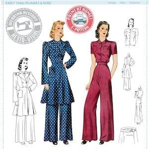 Könnte beinhalten: Zwei Vintage-Damen-Pyjama-Sets aus den 1940er Jahren. Das erste Set ist ein blaues und weißes gepunktetes Gewand und eine Hose. Das zweite Set ist ein einfarbiger, maroonfarbener Overall mit Gürtel. Das Bild enthält den Text "EARLY 1940s PAJAMAS & ROBE", "WEARING HISTORY RESTO-VIVAL", "PRINT AT HOME E-PATTERN", "vintage retro historical" und "TROUSERS".