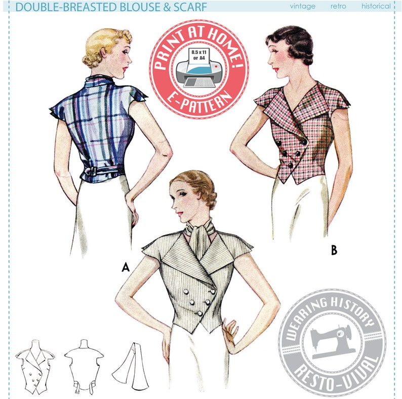 1930s Sewing Patterns- Dresses, Pants, Tops     E-Pattern- 1930s Summer Blouse Pattern- 1930s Art Deco Double Breasted - Wearing History PDF Vintage Sewing Pattern  AT vintagedancer.com