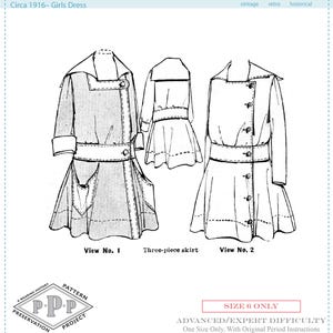 Peut inclure: Une illustration de patron de couture en noir et blanc pour une robe circa 1916. L'image montre deux vues d'une robe avec un large col, des manches longues, une taille ceinturée et une jupe évasée. Le texte inclut Circa 1916 Girls Dress, View No. 1, View No. 2, Three-piece skirt et SIZE 6 ONLY.