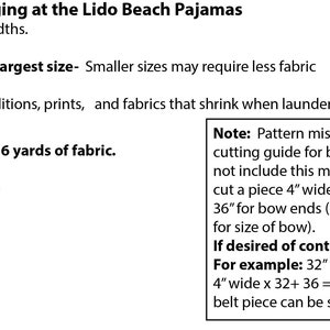 May include: Cutting chart for Lido Beach Pajamas, a sewing pattern for a beach pajama set, a contrast collar, and a bolero jacket. The chart includes fabric requirements and instructions for cutting a belt. The text mentions that the original pattern did not include a cutting guide for the belt. It also notes that extra fabric may be needed if a contrasting color is desired.
