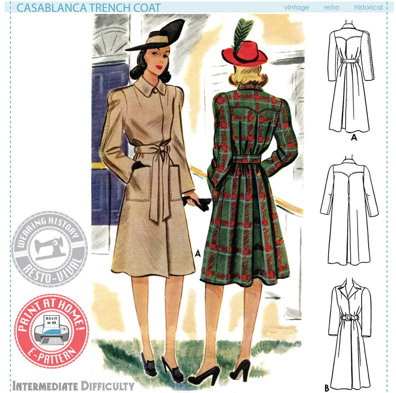 May include: A vintage sewing pattern for a Casablanca trench coat. The pattern includes instructions for a long, belted coat with a collar and pockets. The pattern is labeled "intermediate difficulty".