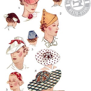 May include: A vintage illustration of five different hat styles. The hats are all in various colors and patterns, including pink, yellow, white, red, and blue. The illustration is from a book called "Wearing History Resto-Visual".