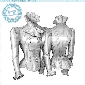 May include: A black and white line drawing of a vintage women's jacket with a high collar and a fitted waist. The jacket has a double-breasted closure and a decorative ruffle at the bottom.