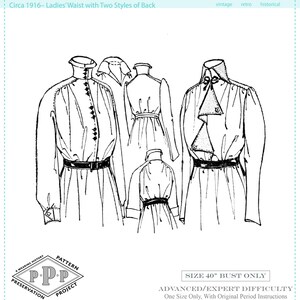 Peut inclure: Dessin au trait d'un patron de taille pour femmes vintage de 1916, avec deux styles de dos. L'illustration présente plusieurs variantes de la taille, avec des détails tels que des fermetures à boutons, des ceintures et des volants. Le texte indique "TAILLE 40" POITRINE SEULEMENT".