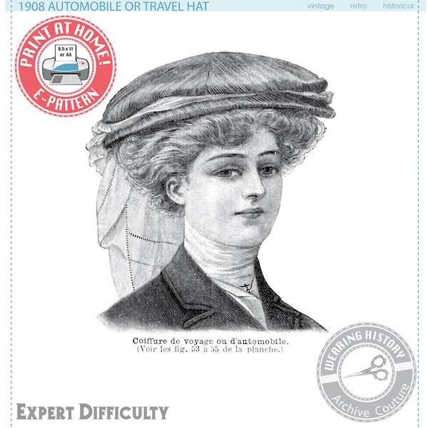 E-Pattern- Edwardian 1900s Automobile or Travel Hat- Wearing History Victorian PDF Sewing Pattern