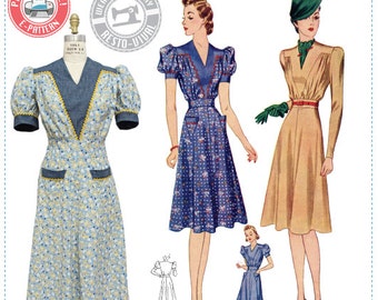 E-Pattern- Circa 1939 Victory Dress Pattern- 1930s 1940s- Wearing History PDF Vintage Sewing Pattern