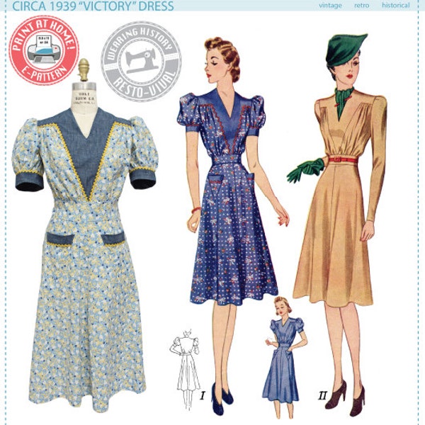 E-Pattern- Circa 1939 Victory Dress Pattern- 1930s 1940s- Wearing History PDF vintage Sewing Pattern