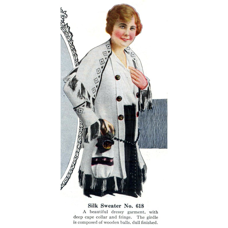 1910s WWI Knit Sweater with Fringe and Crochet Bag Knitting E-Pattern PDF Knitting Pattern Download image 1