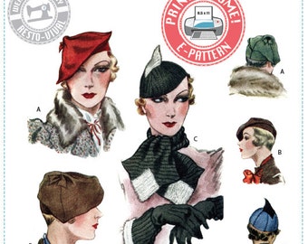E-Pattern- 1933 Accessories- Hats, Scarf, Gauntlet Cuffs - Wearing History PDF Vintage Sewing Pattern 1930 30s