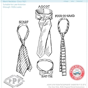 May include: An illustration of vintage men's neckties from the 1920s, including an ascot, scarf, four-in-hand, and bat-tie. The image is in black and white and includes text that reads "Men's Neckties - Circa 1921".