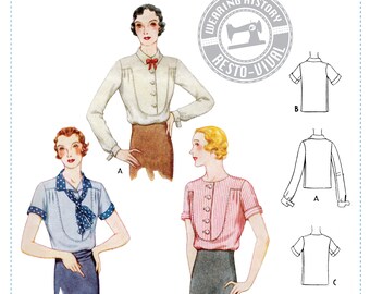 PRINTED PATTERN- Sagebrush Early 1930s Bib Front Blouse Pattern- Bust 30-44" - Wearing History Physical Mailed Vintage Sewing Pattern