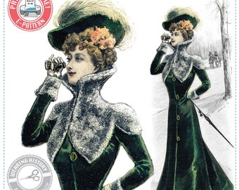 E-Pattern- Victorian 1890s Great Coat with Fur- Bust 34"- Wearing History Victorian PDF Sewing Pattern