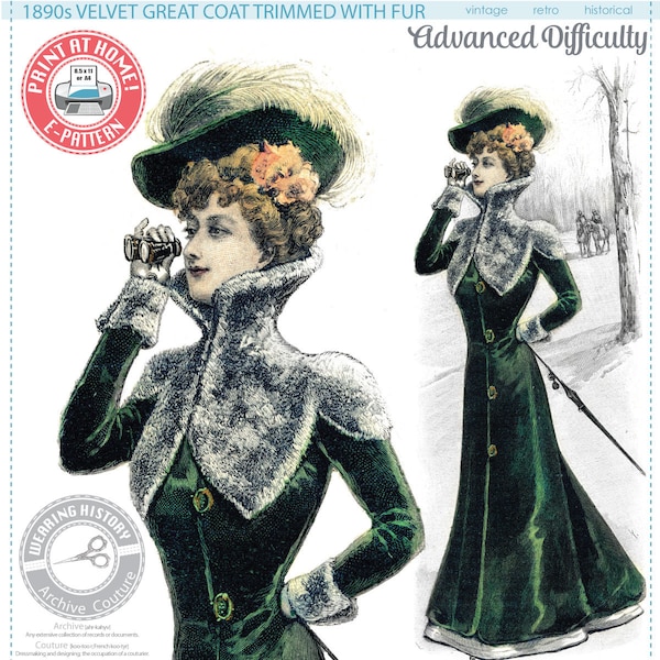 E-Pattern- Victorian 1890s Great Coat with Fur- Bust 34"- Wearing History Victorian PDF Sewing Pattern
