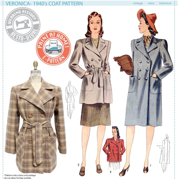 E-Pattern- Veronica 1940s Coat - Wearing History PDF Vintage Sewing Pattern 1940 40s