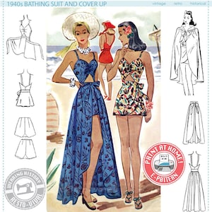 E-PATTERN Early 1940S Bathing Suit & Skirt Cover Up- SIZE 30&quot; Bust- Wearing History PDF Download 1940s 40s
