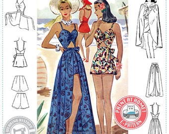 E-PATTERN Early 1940S Bathing Suit & Skirt Cover Up- SIZE 30" Bust- Wearing History PDF Download 1940s 40s