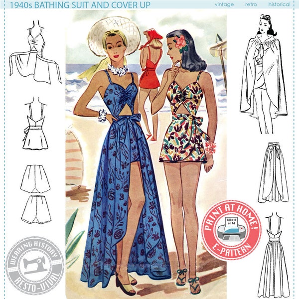 E-PATTERN Early 1940S Bathing Suit & Skirt Cover Up- SIZE 30" Bust- Wearing History PDF Download 1940s 40s