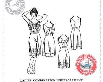 May include: A vintage sewing pattern for a combination undergarment from circa 1914. The pattern includes three views of the garment, with one view showing a woman wearing the garment. The pattern is labeled "Ladies' Combination Undergarment" and includes instructions for making the garment. The pattern is labeled "Advanced Difficulty" and is a "Print at Home E-Pattern".