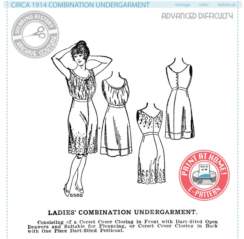 E-Pattern MULTISIZE Circa 1914 Combination Underwear-Corset Cover and Drawers and Petticoat Wearing History PDF 1910 image 1