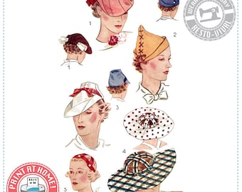 E-Pattern- Sporty Toppers- 1930s Hats- Wearing History PDF Sewing Pattern