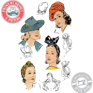 May include: A vintage illustration showing different ways to style a headscarf. The illustration shows five different styles of headscarves, including a turban, a bow, and a simple wrap. The illustration is in black and white and has a retro style.