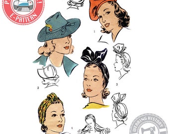 E-Pattern- 1940s Hat Wardrobe Size 22"- Beret- Turban- Fedora-  PDF Download Vintage Wearing History Sewing Pattern