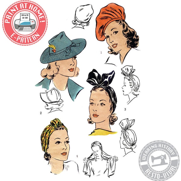 E-Pattern- 1940s Hat Wardrobe Size 22"- Beret- Turban- Fedora-  PDF Download Vintage Wearing History Sewing Pattern