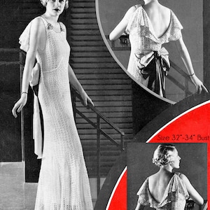 Puede incluir: Vestido blanco vintage de ganchillo con espalda baja y lazo grande. El vestido es sin mangas y tiene una falda fluida. La imagen también incluye una imagen más pequeña con el texto "Size 32"-34" Bust" y el logo "Royal Society".