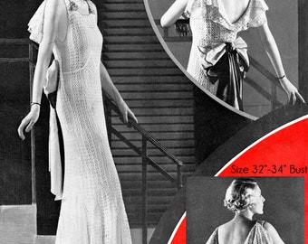 May include: Vintage white crochet dress with a low back and a large bow. The dress is sleeveless and has a flowing skirt. The image also includes a smaller image with the text "Size 32"-34" Bust" and the logo "Royal Society".