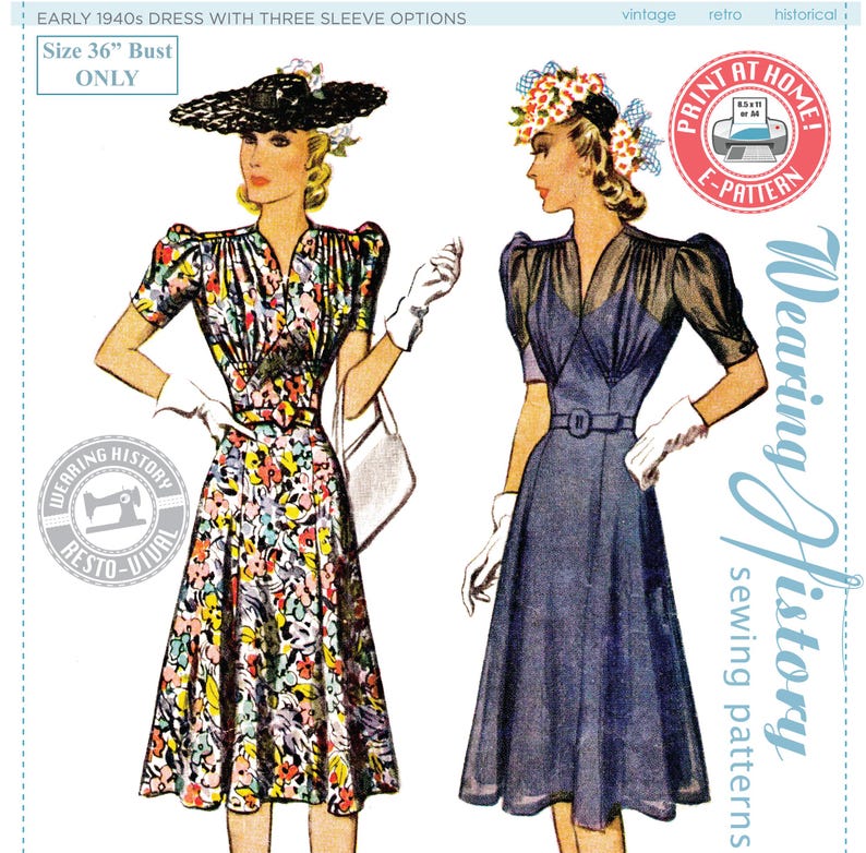 E-pattern- Early 1940s Dress- Size 36 Bust- With Three Sleeve Options ...