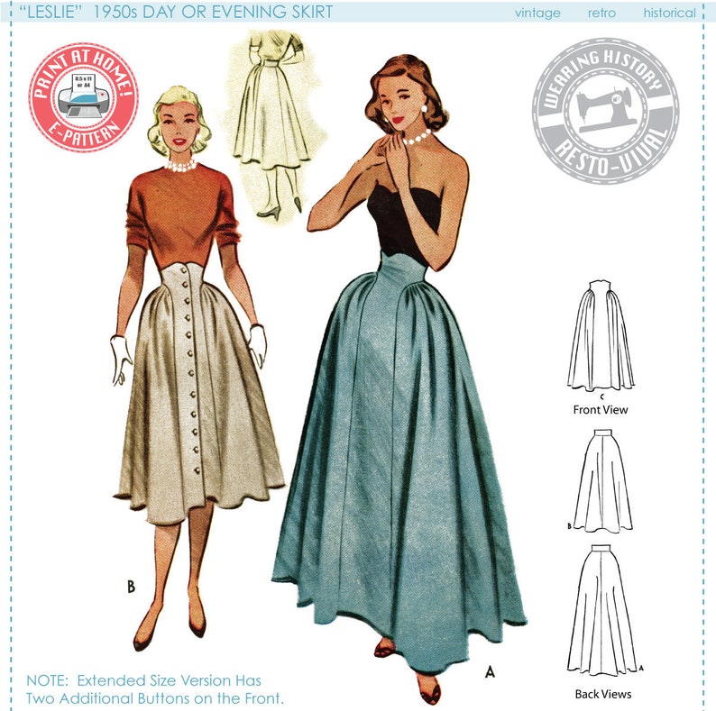 1950s Sewing Patterns | Dresses, Skirts, Tops, Mens     E-Pattern- Extended Size 1950s Leslie