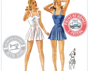 E-Pattern- Bathing Beauty- 1940s Swimsuit Swim Suit Bathing- PDF Sewing Pattern- Wearing History