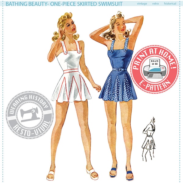 E-Pattern- Bathing Beauty- 1940s Swimsuit Swim Suit Bathing- PDF Sewing Pattern- Wearing History
