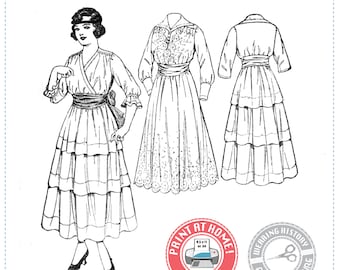 E-Pattern- MULTISIZE- Circa 1916- Eloise- Surplice Dress & Shield - Wearing History PDF 1910 WWI 1910s 1900s Download