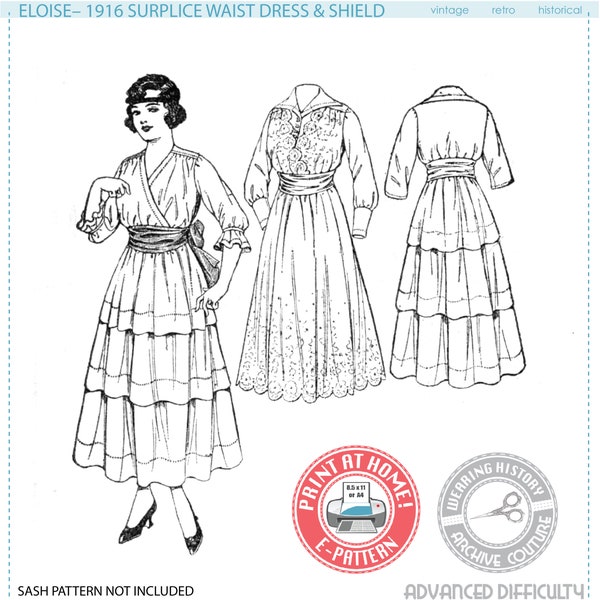 E-Pattern- MULTISIZE- Circa 1916- Eloise- Surplice Dress & Shield - Wearing History PDF 1910 WWI 1910s 1900s Download