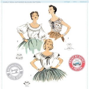 Könnte beinhalten: Eine Schnittmuster-Illustration für eine geraffte Bluse aus den frühen 1950er Jahren mit drei Varianten weißer Blusen mit gerafften Ausschnitten, kurzen Ärmeln und Schleifenbändern. Enthält technische Strichzeichnungen und ein E-Pattern-Symbol.