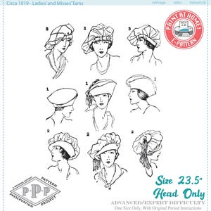 May include: Nine black and white line drawings of different styles of women's hats from the 1910s. The drawings are labelled with numbers 1, 2, and 3. The text "Size 23.5" Head Only" is at the bottom of the image. The text "Advanced/Expert Difficulty" is below the size text. The text "One Size Only, With Original Period Instructions" is below the difficulty text.
