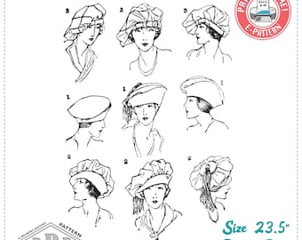 Può includere: Nove disegni in bianco e nero di diversi stili di cappelli per donne degli anni '10. I disegni sono etichettati con i numeri 1, 2 e 3. Il testo "Taglia 23,5" Solo testa" è in basso nell'immagine. Il testo "Difficoltà avanzata/esperta" è sotto il testo della taglia. Il testo "Taglia unica, con istruzioni originali d'epoca" è sotto il testo della difficoltà.