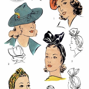May include: A vintage illustration showing five different ways to style a headscarf. The illustration features five women with different hairstyles and facial features wearing a variety of head coverings, including a beret, a wide-brimmed hat, a turban, and a headscarf tied in a bow.
