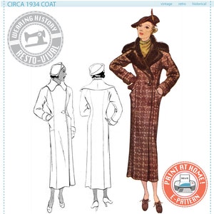 Puede incluir: Un patrón de abrigo vintage de 1934 con cuello de piel y diseño a cuadros. El patrón es para un abrigo largo con cierre de doble botonadura. El patrón está disponible como PDF imprimible.