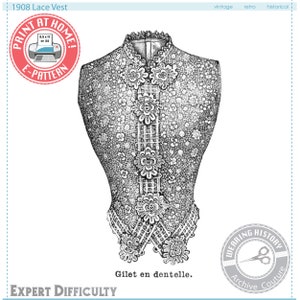E-Pattern- Edwardian 1908 Lace Vest Sewing Pattern- Bust 36 3/4&quot;- Wearing History 1900s PDF Sewing Pattern