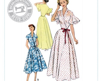 PRINTED PATTERN- 1950s &quot;Jeannie&quot; Wrap Dress & House Coat Pattern- Sizes 30-46&quot; Bust Wearing History Negligee Dressing Gown