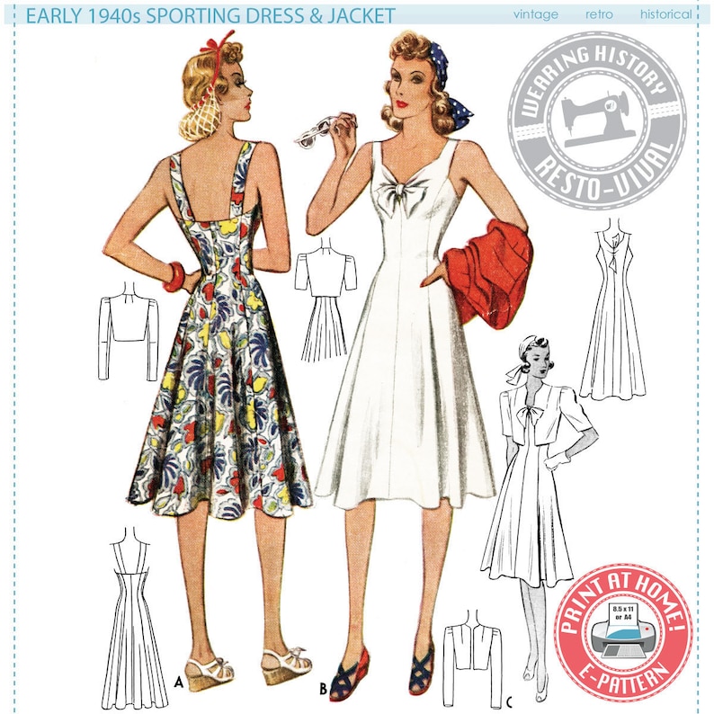 1940s Sewing Patterns – Dresses, Overalls, Lingerie etc     E-Pattern- Early 1940s Sports Dress and Jacket Pattern- 40s 1940s- Wearing History PDF Vintage Sewing Pattern  AT vintagedancer.com