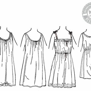 May include: Four different styles of vintage nightgowns, all sleeveless and with a gathered neckline. The nightgowns are drawn in black and white line art.