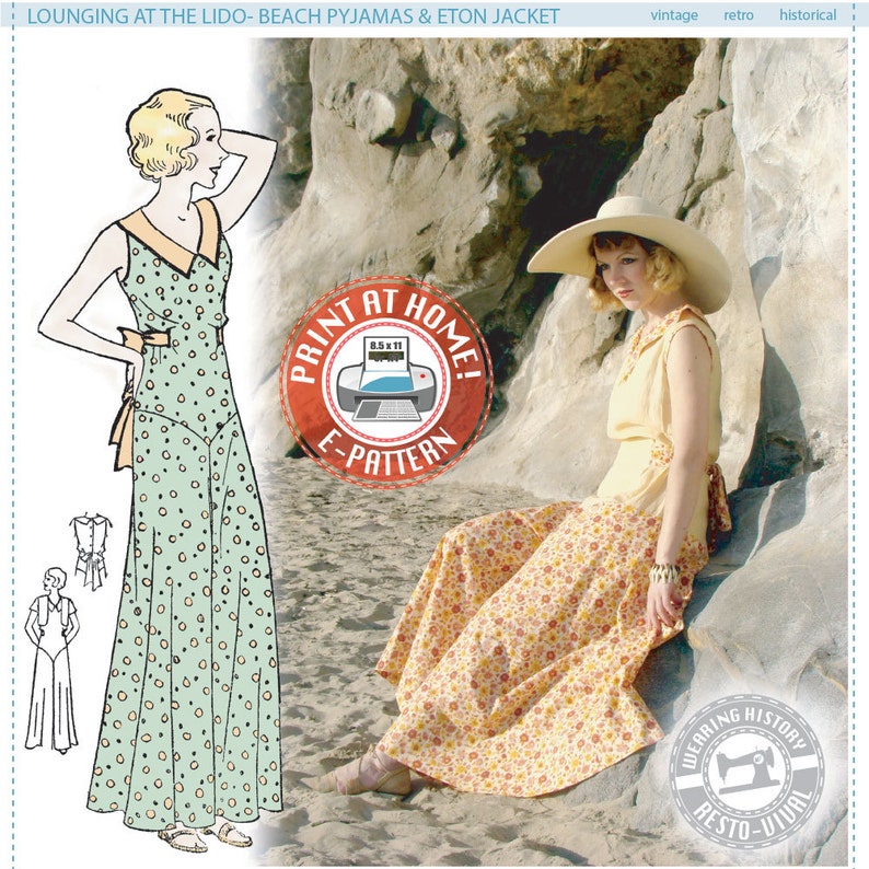 May include: A vintage-inspired sewing pattern for a beach pajama dress with a print at home option. The pattern features a long, sleeveless dress with a V-neckline and a tie at the waist. The dress is shown in a green and white polka dot print. The pattern also includes a smaller illustration of the dress in a solid color.