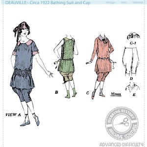 May include: Illustration of vintage bathing suits and cap from 1922. The image shows three different bathing suit designs, including a blue suit with a matching cap, a green suit, and a pink suit. The text "DEAUVILLE - Circa 1922 Bathing Suit and Cap" is at the top.