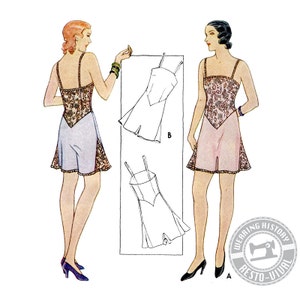Op de afbeelding: Een vintage illustratie van twee vrouwen die slipjurken dragen met kantversiering. De jurken worden zowel van voren als van achteren getoond. De illustratie is afkomstig uit een patroonboek en bevat de tekst "Wearing History Resto-Visual".